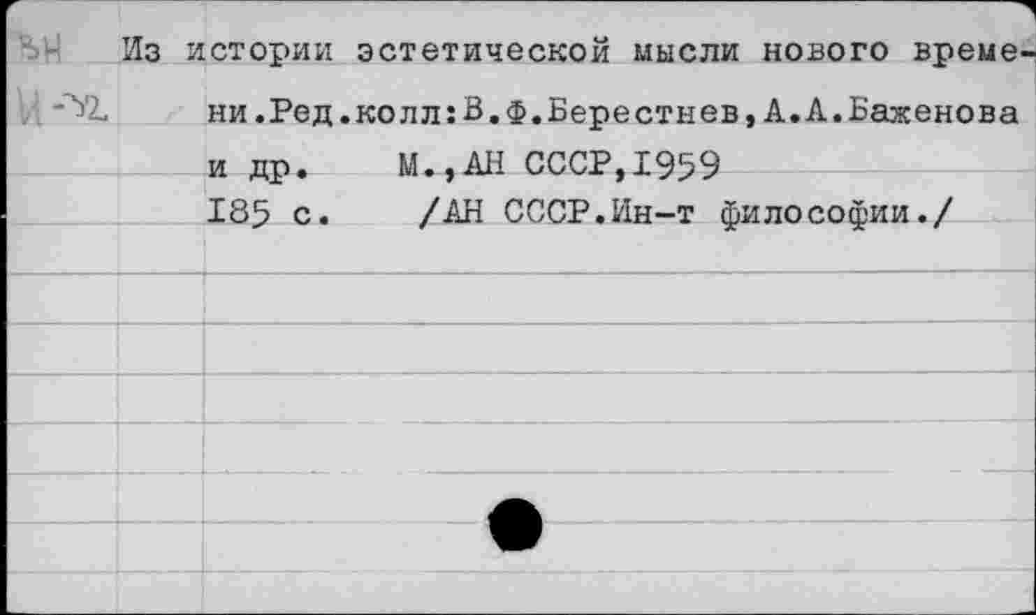 ﻿Из истории эстетической мысли нового време ни.Ред.колл:В.ф.Берестнев, А. А. Баженова и др.	М.,АН СССР,1959
185 с. /АН СССР.Ин-т философии./